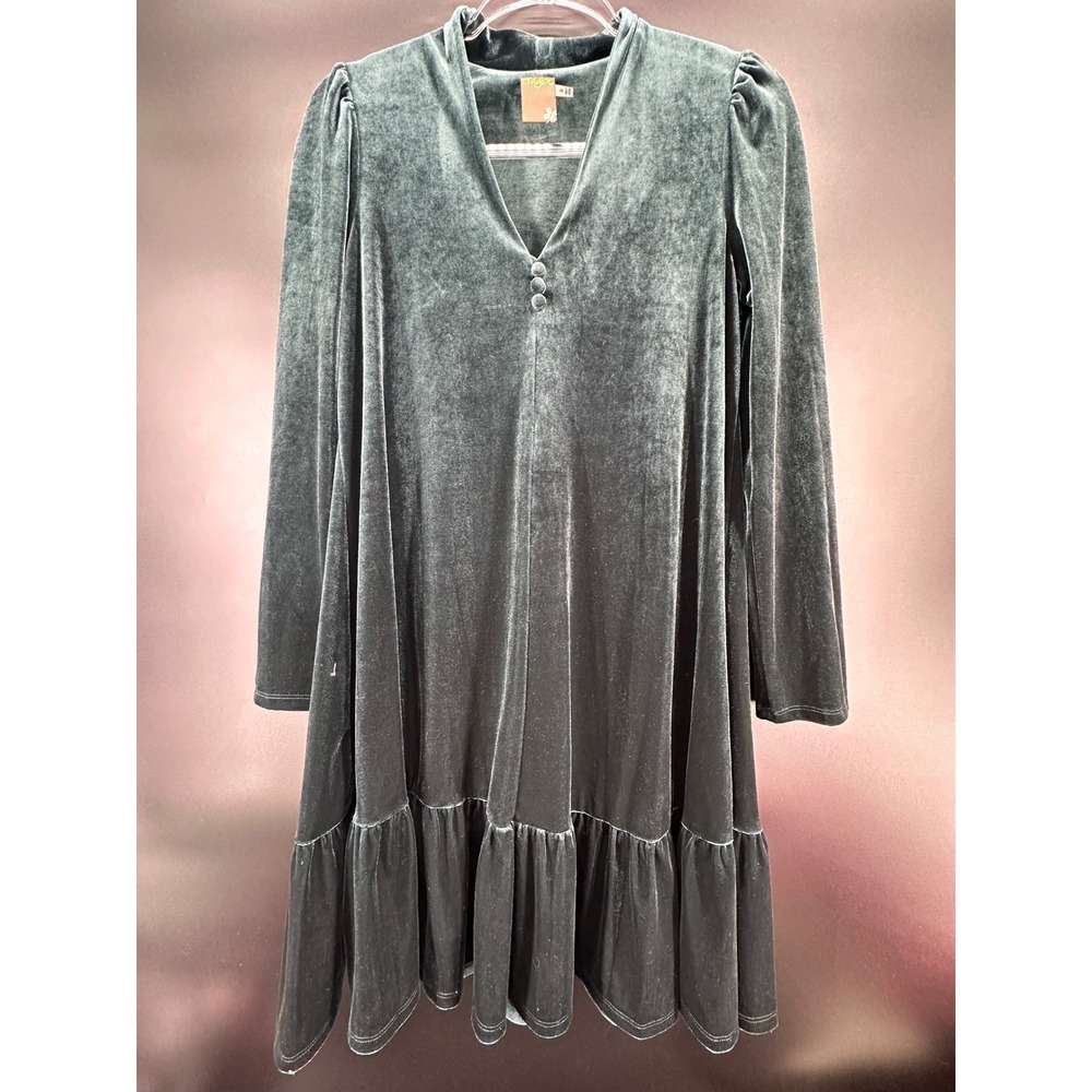 Taylor Emerald Green Velvet V-Neck Ruffle Hem Long Sleeve Mini Dress Medium